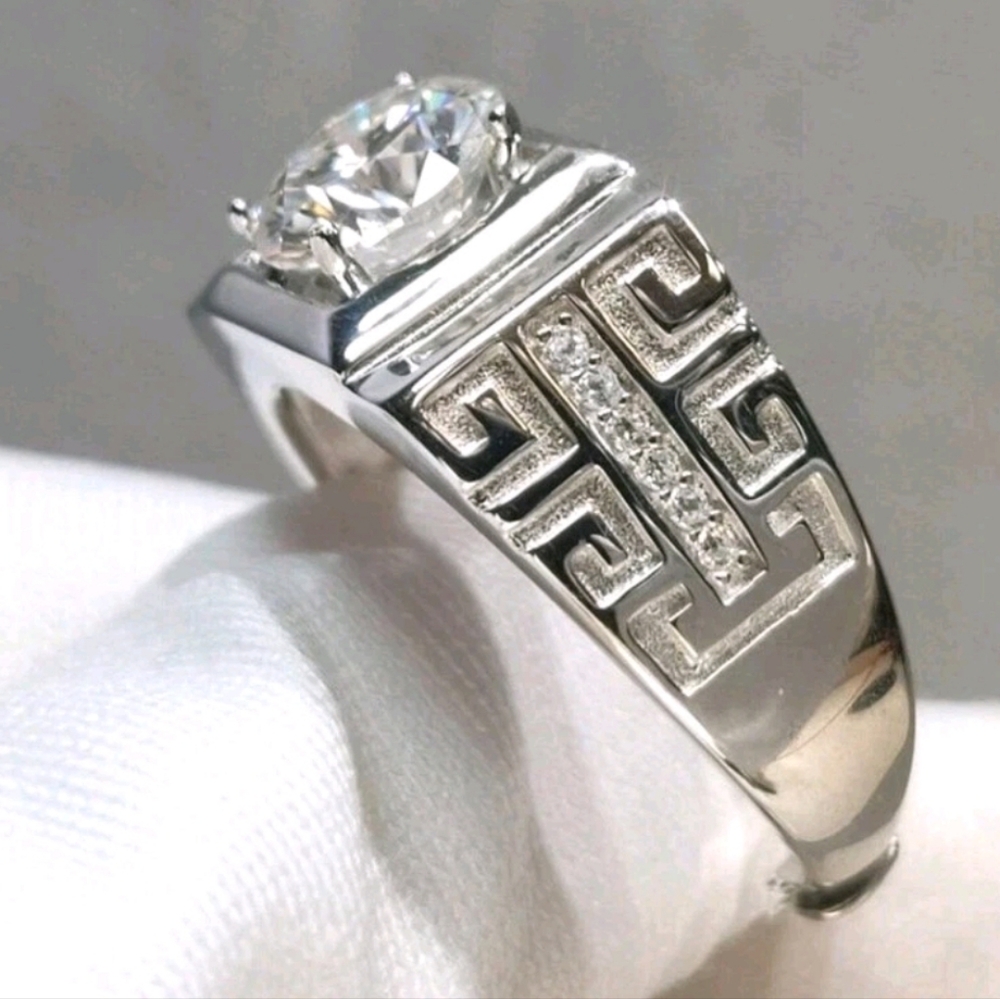 Moissanite Patterned Sterling Silver Mens Engagement Ring Adjustable Band